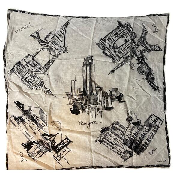 Echo Silk Handkerchief Scarf City Sketch Print New York Rome Tokyo Shanghai Vtg - Picture 3 of 7